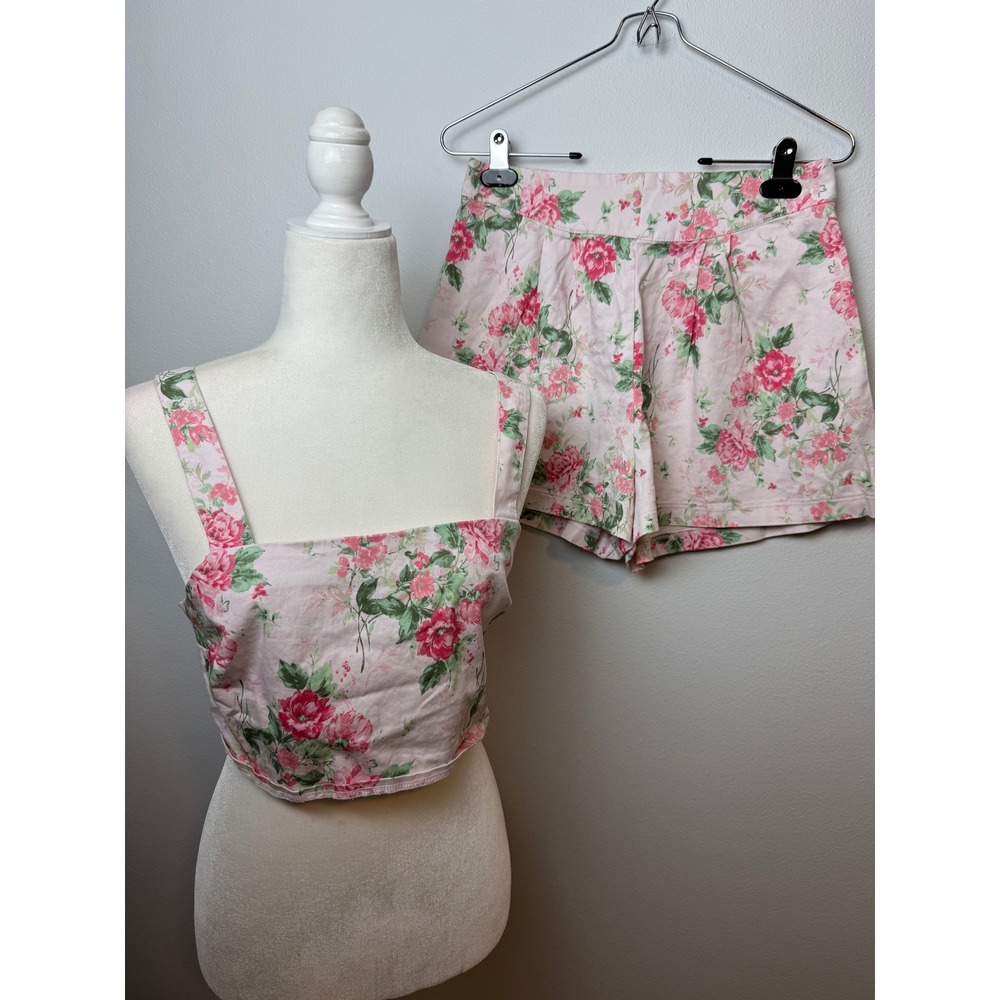 Pink Floral 2 Piece Set Crop Top and High Waisted Shorts Cottagecore Size XL